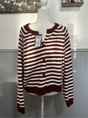 NWT Universal Thread Red & White Striped Cotton Cardigan Knit Sweater